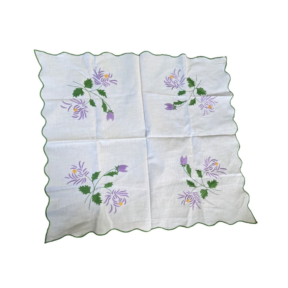 Square table cloth dresser skirt hand embroidered purple floral 25.5 x 23.5 in.